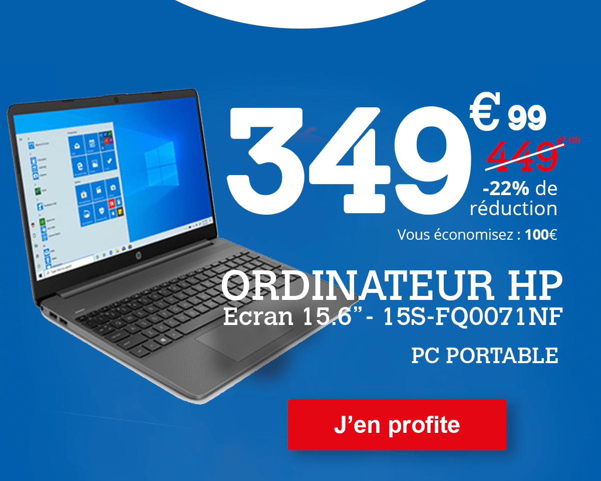 PC portable HP écran 15 pouces à 349,99€ au lieu de 449,99€, soit 22% de réduction
