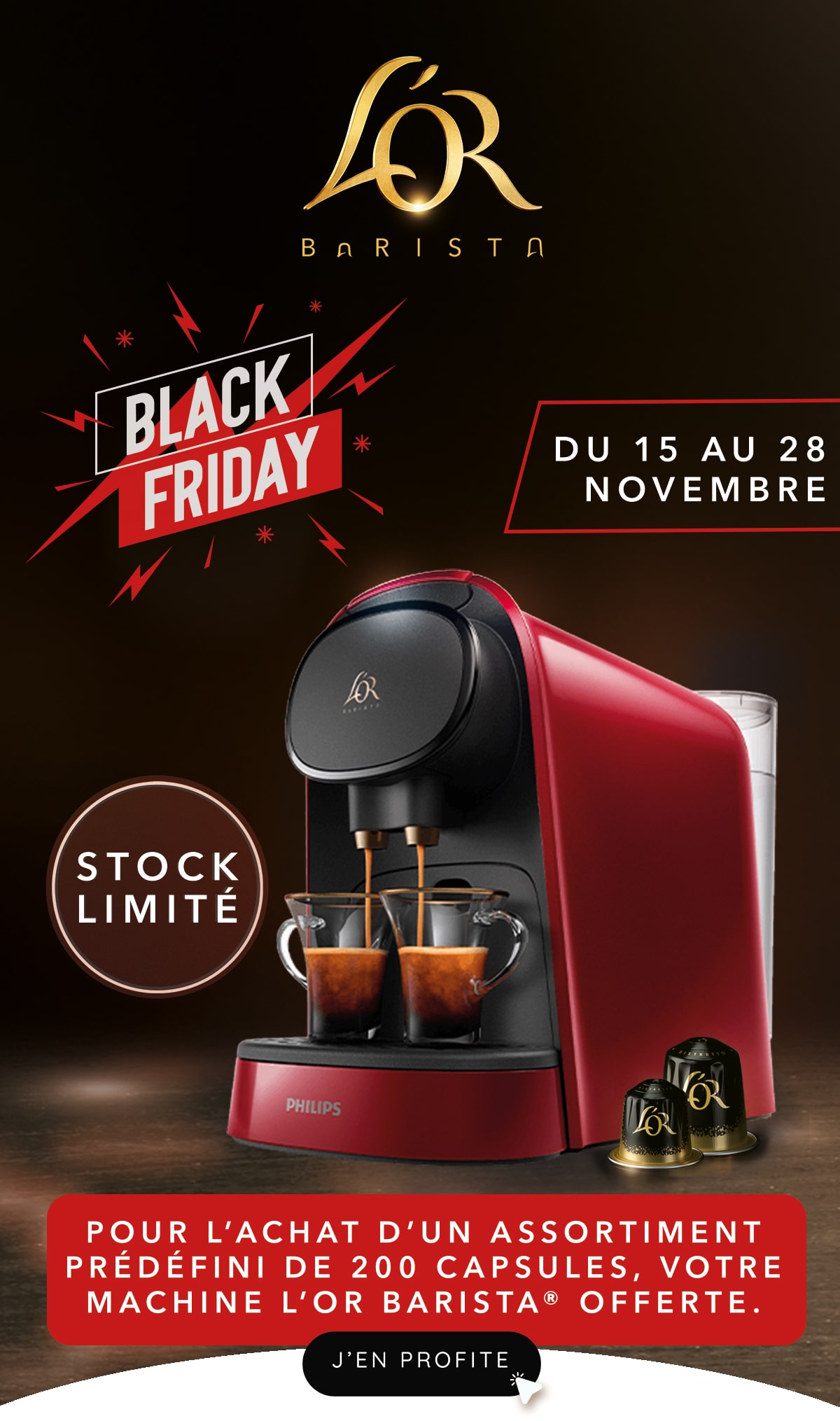 Pour l'achat d'un assortiment prédéfini de 200 capsules, votre machine l'OR BARISTA est offerte
